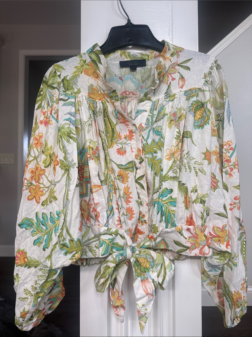 RACHEL Rachel Roy Linen Blend Floral Cropped Long Sleeve With Tie Detail Large